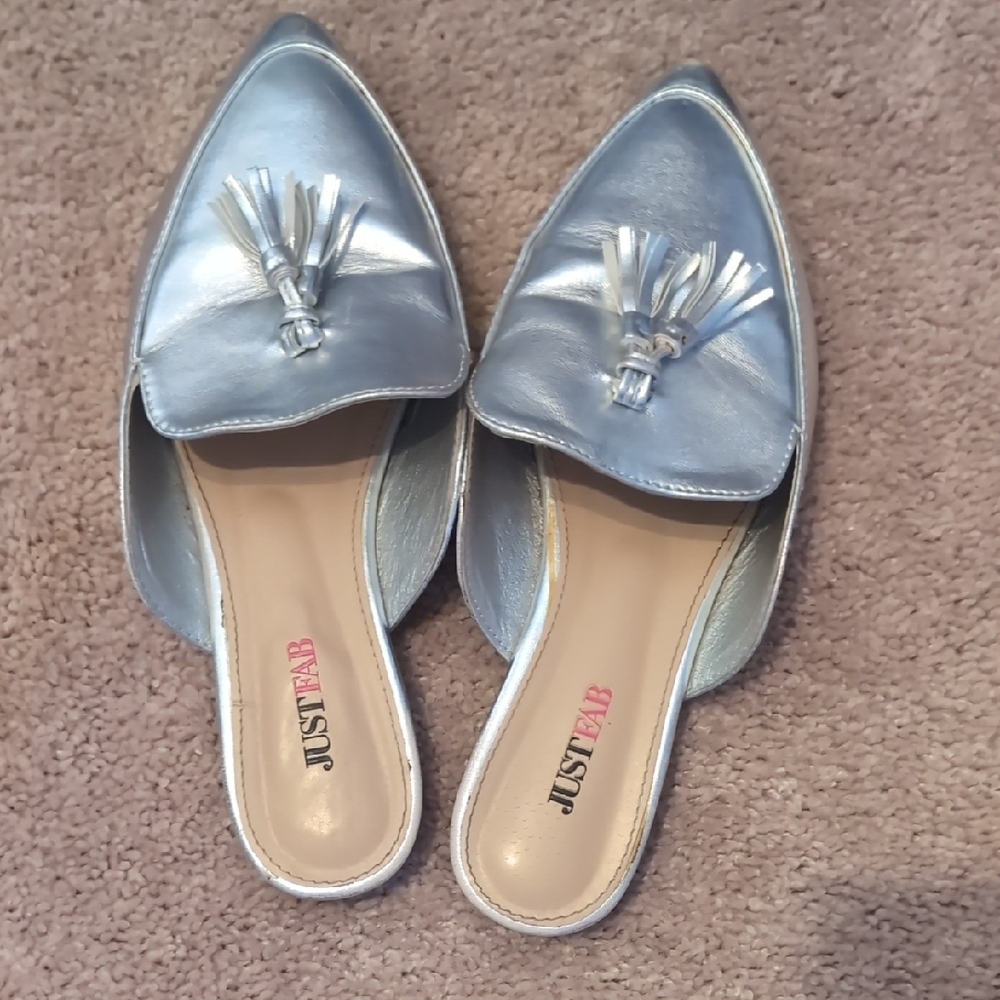 JustFab Metallic Silver Tassel Mules